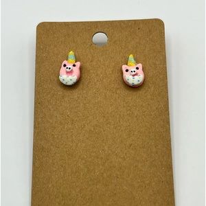 Pink shiny donut unicorn pig stud earrings